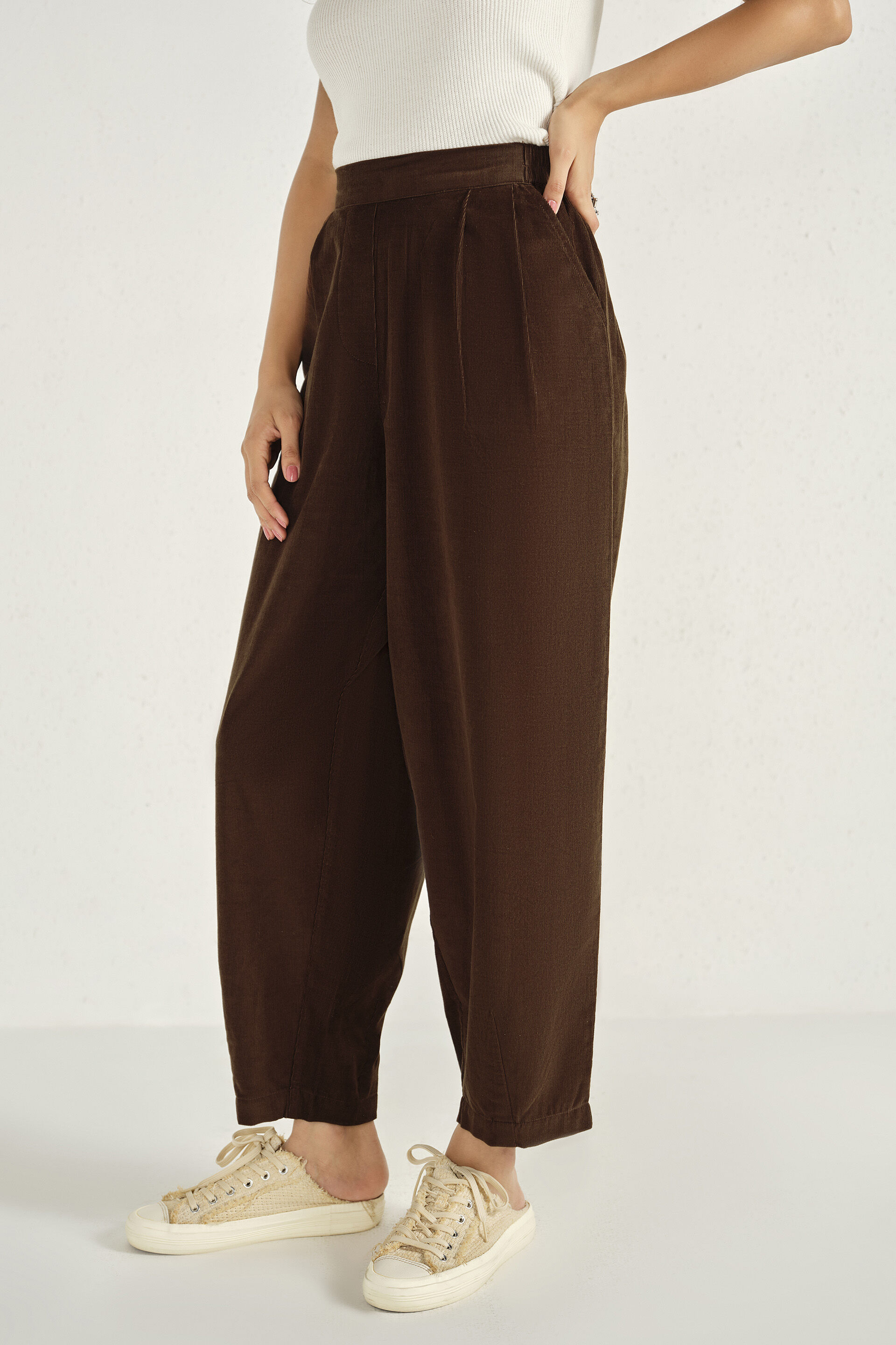 Pleated Cotton Pants in Brown, Brown, image 3
